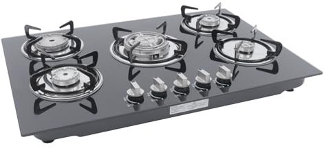 Konfiur Encimera de Gas de 5 Fuegos, Color Negro, Empotrable, de Vidrio Templado, para Propano y Gas Natural, 770 x 510 mm