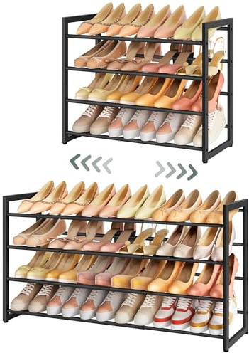 FAVOOSTY Étagère à Chaussures Extensible à 4 Niveaux, Rangement Ajustable pour Chaussures, en Métal, réglable, Peu encombrante, Robuste, pour Entrée, Placard, Assemblage Facile,Noir