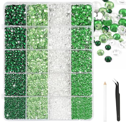 Bouiexye Grünes System Strasssteinen Set 28000 Stück Nailart Strasssteine Mit 1 Pinzette und Stift Geeignet für die DIY Dekoration von Kleidung Schuhen Nagelkunst Malerei usw