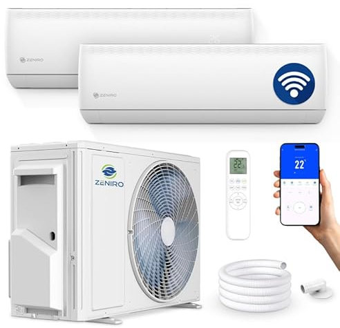 ZENIRO Multisplit Klimaanlage 2 Innengeräte Set (2 x 3,5kW) Klimagerät Air Conditioner mit Heizfunktion 21000 BTU 6,2kW A++ WiFi/App-Steuerung 4D AirFlow Heizen bis -20°C Vorgefüllt R32