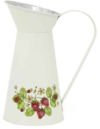 Vintage Style Strawberry Metal Jug Vase | Rustic Tin Pitcher for Dried Flowers or Country-Inspired Decor - 26cm