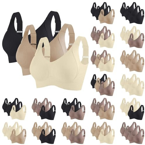 2/3 Pack Bras for Women Non Wired Seamless Bras Women Comfortable Ribbed Bralettes Sports Bra Soft Support Lift Full Coverage Bralettes Everyday Plus Size Bra with Adjustable Padded