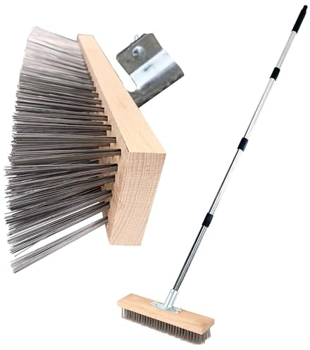 55Inch Stainless Steel Wire Broom with Long Handle Heavy Duty Stiff Metal Bristle Wire Broom 4 Section Deck Scrub Brush Yard Broom with metal handle for Garden Outdoor Partio Algae, Weed Removal
