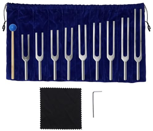 Ollanoos Set di 9 forchette da accordatura Solfeggio, con martello in silicone e custodia, 174/285/396/417/528/639/741/852/963 Hz, adatto per terapia, guarigione del suono e applicazioni mediche