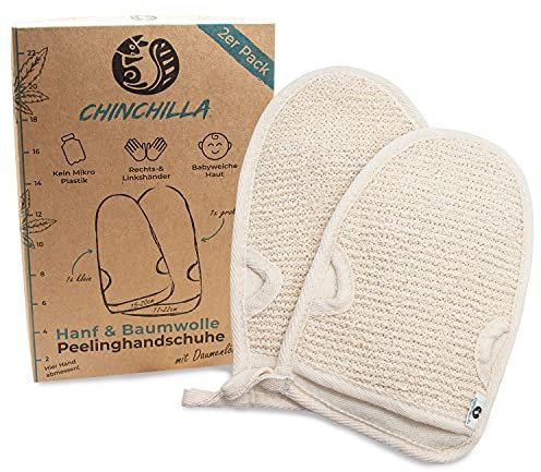 Chinchilla® Peelinghandschuh | 2 Stück aus Baumwolle & Hanf | sanfte Reinigung für Körper & Gesicht | Duschschwamm für Peeling & Body Scrub | Massagehandschuh