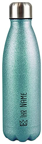 Glitzer-Trinkflasche aus Edelstahl selbst gestalten mit Name & Krone Symbol - Thermosflasche Glitzer, Wasserflasche BPA-frei für Reise, Schule und Sport I Personalisiertes Geschenk - Türkis 500 ml