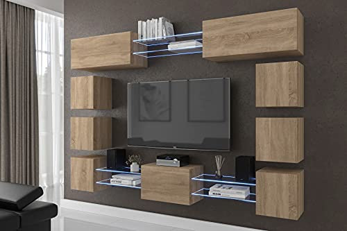 Furnitech Wohnwand Wohnzimmer | Wohnzimmer Möbel mit LED RGB - 16 Farben | Hängend Wohnwand Modern | Wohnzimmer Schrankwand mit Regale und TV Schrank (Future C80N-21S-M4)