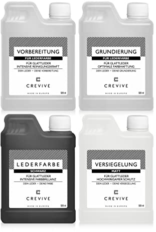 CREVIVE Lederfarbe Set - Farbe wählbar - für die optimale Lederfärbung - Lederreiniger, Grundierung, Lederfarbe, Versiegelung, je 500 ml - Schwarz Matt