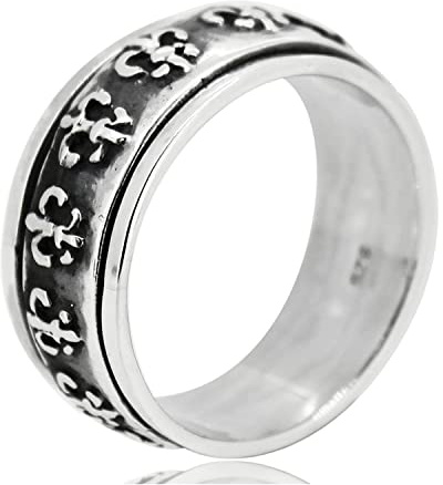 TreasureBay Bague tournante en argent sterling 925 massif pour homme et femme Motif fleur de lys 9 mm, Argent sterling