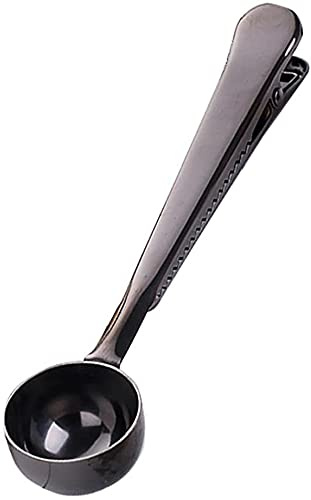 Coffee Scoop Clip, Stainless Steel Coffee Spoon Bag Clip 2 in 1 Coffee Spoon Multifunction Coffee Scoop with Clip Pack Scoop and Bag Clip, Black Fashion Processed