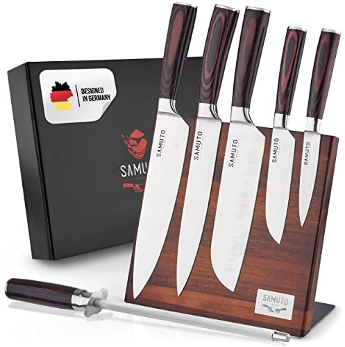 Samuto - 5 Hochwertige Asiatische Küchenmesser im Set inkl. Magnetischer Messerblock, Schärfer & Geschenkbox - Premium Edelstahl - Damast Optik - Ergonomischer Pakkaholzgriff - Perfektes Küchenzubehör