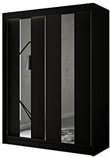 ALTDECOR Kleiderschrank mit Spiegel und Schiebetüren, kugelgelagerte Führungsschienen und Aluminium-Leisten, LED-Beleuchtung (weiß mit 16 Farben) und Fernbedienung - LUKIA - 120 cm Schwarz mit Spiegel