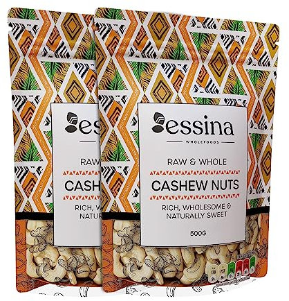 Essina Wholefoods Cashew Nuts 1kg (1x1kg or 2x500g) - Raw Whole Unsalted Jumbo Cashews - High Fibre & Protein Vegan Snack, Ideal for Butter & Vegan Cheese-Making