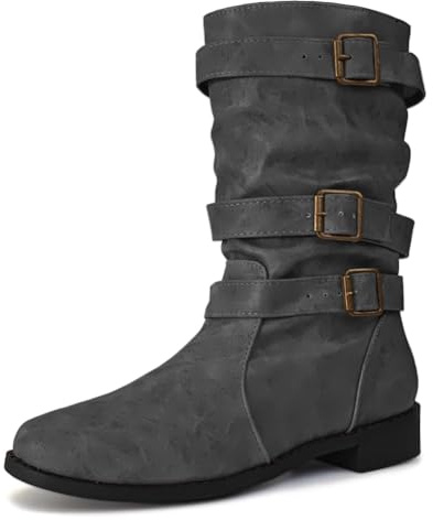 Dernolsea Botas holgadas para mujer, de piel sintética, longitud media de la pantorrilla, con hebilla plana fruncida, botas de motociclista, gris, 40 EU