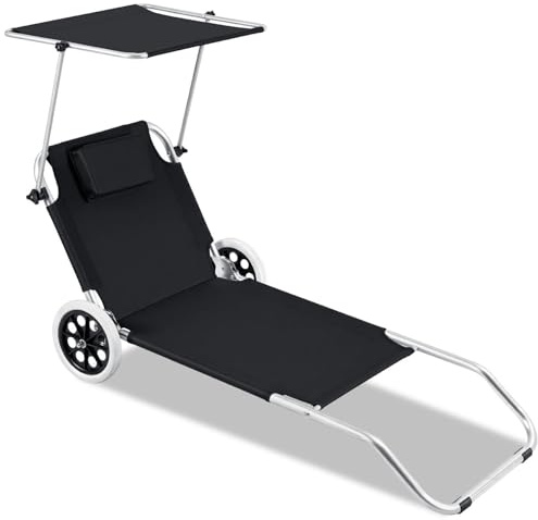 Yakimz Tumbona de Jardín Plegable con Protección Solar 2 Ruedas, con Ruedas para la Playa, Respaldo Ajustable, Color Negro