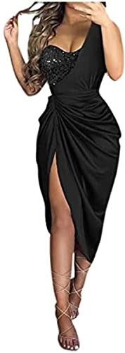 Vagbalena Damen Cocktailkleid Formell Elegant Bleistift Midi EIN-Schulter Partykleid Pailletten Schlank Sexy EIN-Schulter Schlitz Midi Kleid Abendkleid