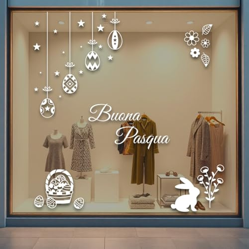 Gigio Store Vetrofanie Pasquali Grandi per Vetrine Negozi DIM 2,00 mt x 2,00 mt Adesivi di pasqua e fiori di primavera decorazioni per vetri e finestre con Uova Pasquali, Coniglietto e Cesto di Pasqua