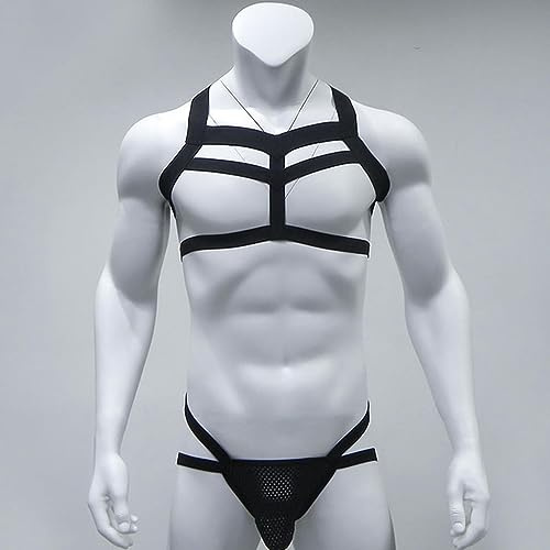 WSZJLN Conjunto de Tangas con arnés para Hombre, Disfraz de Pecho Corporal, suspensorio, lencería, Disfraz Calado con Cuello Halter para Hombre, Negro-M