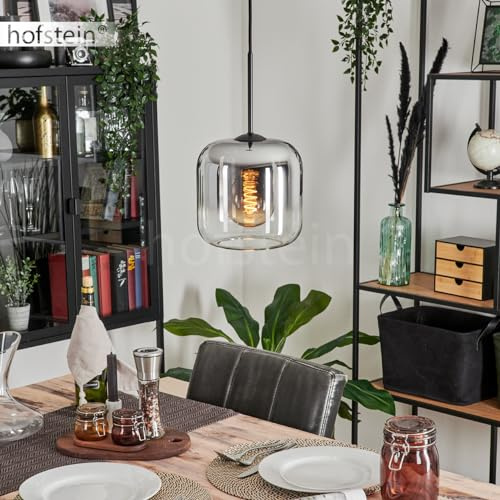 Hängeleuchte Lauden, Hängelampe aus Metall/Glas in Schwarz/Chromfarben/Klar, Leuchte im Vintage/Retro Design mit Schirm aus Glas (Ø 20 cm), Höhe max. 150 cm, 1 x E27, ohne Leuchtmittel