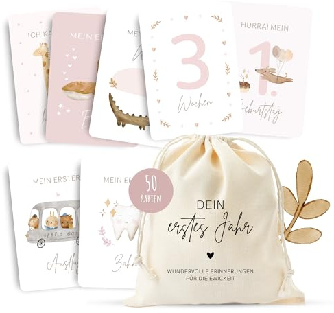 MeinBaby123® Tarjetas de hito Tu primer año | Juego de tarjetas de hito para regalo de nacimiento, tarjetas fotográficas para el primer año, 50 tarjetas, incluye bolsa de algodón (rosa)