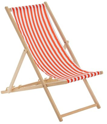 Harbour Housewares Folding Wooden Deck Chairs – Red Orange Stripe – Pack of 1 – Adults Traditional Foldable Reclining Outdoor Canvas Sun Lounger Chair Seat for Garden Patio, Beach, Camping