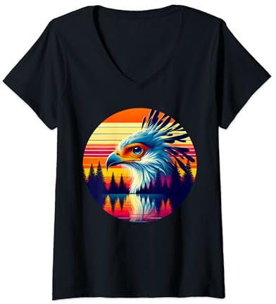 Damen Sekretär Vogel Sonnenuntergang Retro Stil Safari Vintage 70er Jahre T-Shirt mit V-Ausschnitt