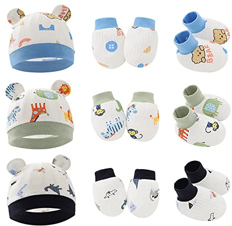Baby Turban Hats & Mittens Set - 3 Pairs Newborn Caps & Foot Covers - Anti-Scratch Cotton Baby Girl & Boy Hats for 0-6 Months