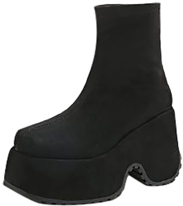 BILIKEYU Damen Plateau Keil-Stiefeletten Runde Zehe Dicke Sohle Kunstwildleder Stiefel Slip on Winter Warme Kurze Stiefeletten (Black, 38)