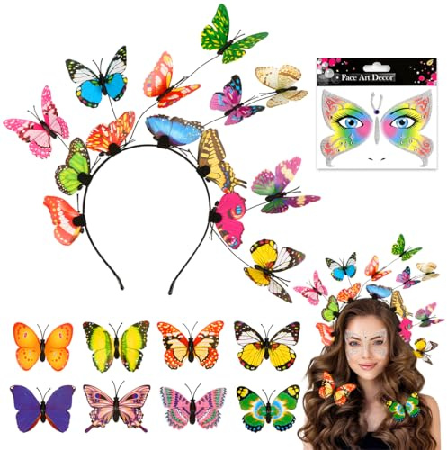 Augesak Diadema Mariposa Mujer, 8 Piezas Horquillas Mariposas y Tatuajes Temporales de Mariposas, Tocado de Mariposa, Pinzas de Pelo Mariposa Accesorios Carnaval para Disfraz Fiesta Cosplay