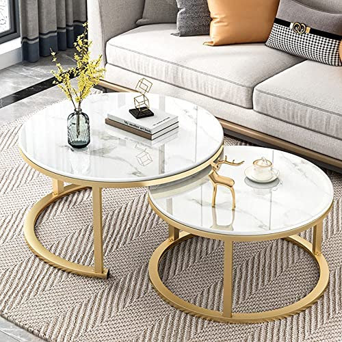 KROVEDY Satztisch-Couchtisch, 2er-Set, stapelbare Beistelltische, Glatte Tischplatte aus gehärtetem Glas für das Wohnzimmer, runde Sofatische aus Metall – 80 x 45 + 60 x 38 cm / 70 x 45 + 50 x 38 cm