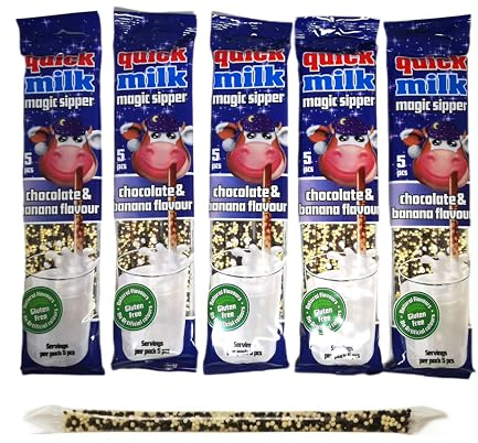 Quick Milk Chocolate&Banan - Strohhalme für Milch mit Schokolade und Bananengeschmack, 5 Packung je 5 Trinkhalme (25 Halme)