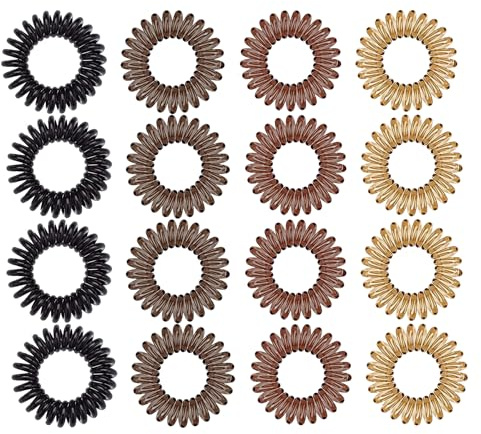 Set of 16 Spiral Hair Ties - No Damage, No Crease Phone Line Bobbles, Plastic Hair Elastic Bands - MultiColor Spiral Ponytail Holders for Girls Women (Black-Coffee-Grey-Khaki)