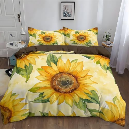 Bettwäsche 135 x 200 cm Handgemalte Sonnenblume Im Aquarellstil Braun, Mädchen Mikrofaser Wende Bettbezug Set 3teilig, Bettwäsche-Sets mit Kissenbezüge 80x80 cm und Reißverschluss