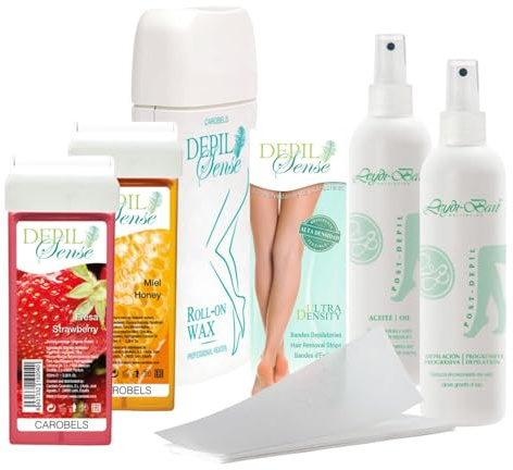 DEPIL Sense Haarentfernungs-Set, Roll-On-Wachs, Erdbeerwachs (1 Stück) + Honig (1 Stück), Roll-On-Wachserwärmer, flexible Bänder, Haarentfernungsöl und Haarwachstumsspray, verzögertes Haarwachstum