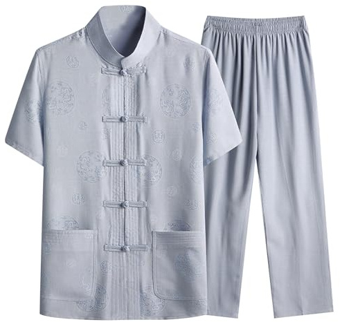 Generisch Haut 2 pièces en coton pour homme - Style chinois - Manches courtes - Haut et pantalon - Confortable - Kung Fu - Arts martiaux traditionnels - Vêtements de yoga, Gris #1, XXXL