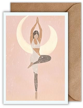 WBdesignz Yoga Karte mit Umschlag - Baum-Motiv und Halbmond – Achtsamkeit & Spiritualität – Grußkarte für Yogafreunde, Selfcare, Meditation oder als Geschenk für Yogalehrerin (DIN A6)
