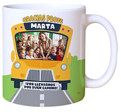 Transparent Gift Taza Personalizada Bus para Profesores. Regalos Originales Fin de Curso. Taza para Café o Desayuno. Regalos para Profesora y Profesor. Taza con Foto Grupo Clase.