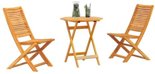 vidaXL Klapp Bistro Set 3 pcs Braun Akazie Massivholz, Akazienholz Bistro-Set, rustikales Gartenmöbel, platzsparende Stühle, UV-beständige Sitzgelegenheiten