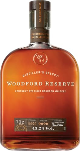 Woodford Reserve Bourbon - Whiskey américain triplement distillé - Notes de caramel, agrumes, cannelle et cacao - Se Déguste Pur ou en Cocktail - 45,2% vol - bouteille 70cl