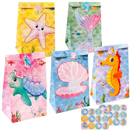 FeinKulturia 16stk Papiertüten Party Geschenktüten Kindergeburtstag mit Aufkleber, 21,5 x 13 x 8 cm Mitgebsel Tüten Kraftpapier Bunte zum Verpacken Geschenken, Giveaways, Party, Geburtstag Deko, usw.