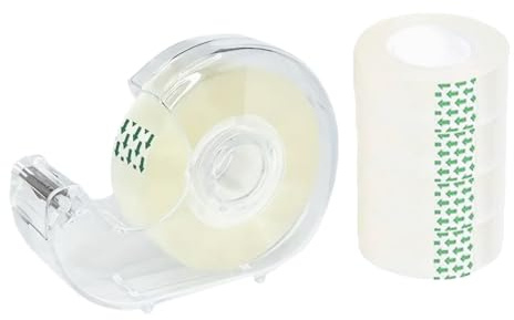 5 mini sellotape Rolls of Clear Tapes with Dispenser Desktop Adhesive Tape Holder with Green Arrow Pattern 18mm x 20m