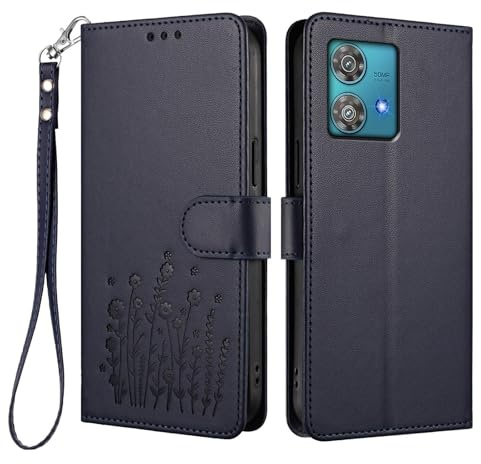 WBWONE Funda Cartera para Motorola Moto Edge 40 Neo, Carcasa de Cuero Diseño Floral Elegante, Soporte Plegable & Protección Antigolpes - Azul