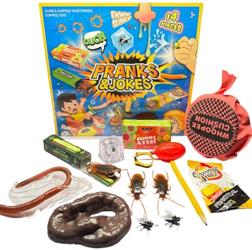 Articles de farce, PVC Kit De Blague Farces pour Enfant, 14 pièces boîte de Blague hilarante, coussins pentants et insectes réalistes, du 1er avril,accessoires effrayants et amusants les fêtes