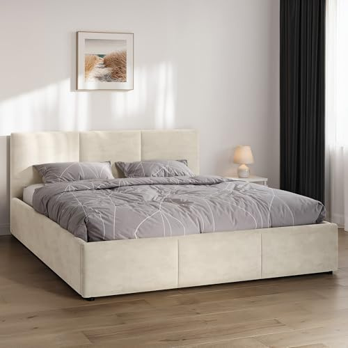 Jana NELA Polsterbett mit Bettkasten und Lattenrost, Doppelbett mit gepolstertem Kopfteil und Stauraum (Beige Samt HLR1, 160 x 200 cm)