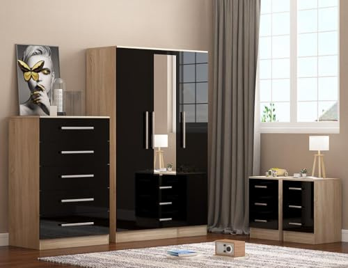 UNIQUE FURNISHINGS LTD HIGH GLOSS COMBI BEDROOM SET - COMBI WARDROBE + CHEST OF DRAWERS + 2 x BEDSIDE TABLES (Black)