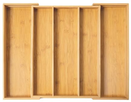 SANNAX Expandable Bamboo Drawer Organiser, 5-3 Compartment Adjustable Cutlery Tray for Knives and Utensils, Natural Bamboo Kitchen Drawer and Bathroom Storage