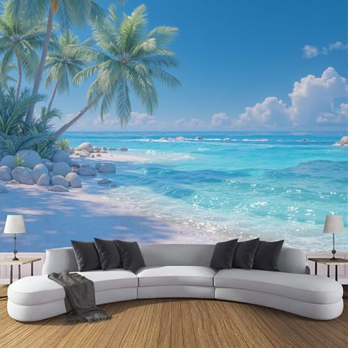 Fotomural Playa Palmeras 300x210cm papel pintado TNT, fotomural panorámico Océano Tropical, Mural de Pared, Decoración de Pared para Salón y Habitación