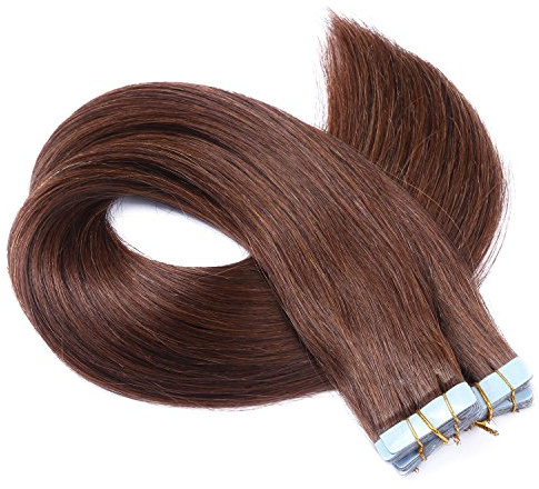 Tape In - On Hair Extensions - # 4 - SCHOKOBRAUN - 50cm - 10 Tressen je 4cm Breit / 2,5g - 100% Remy Echthaar Haarverlängerung/Extention mit Klebeband Tressen by NOVON Hair Extentions