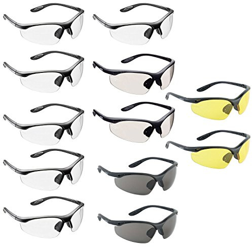 12 x voltX 'CONSTRUCTOR' Gafas de Seguridad que cumplen con la certificación CE EN166F / Gafas para Ciclismo(Transparentes, Amarillo, AHUMADO/GRIS) incluye cuerda de seguridad - Safety Glasses