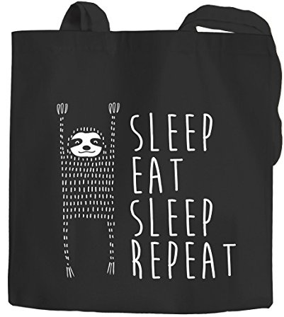 Autiga Jutebeutel Sleep Eat Sleep Repeat Faultier Baumwollbeutel Stoffbeutel schwarz 2 lange Henkel